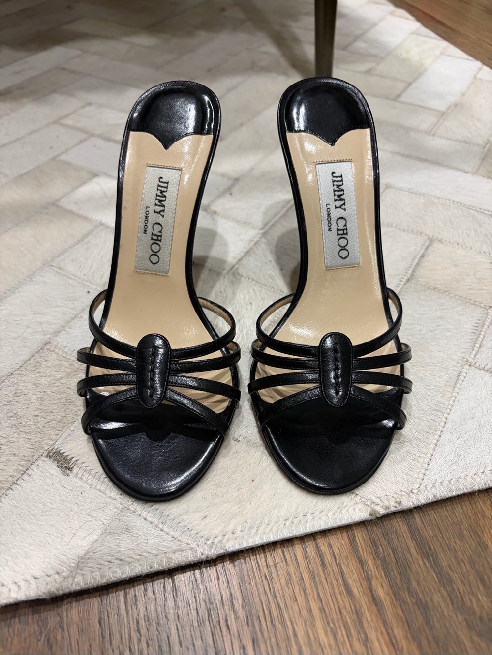 Jimmy Choo Black Multi-Strap Leather Slide Heels